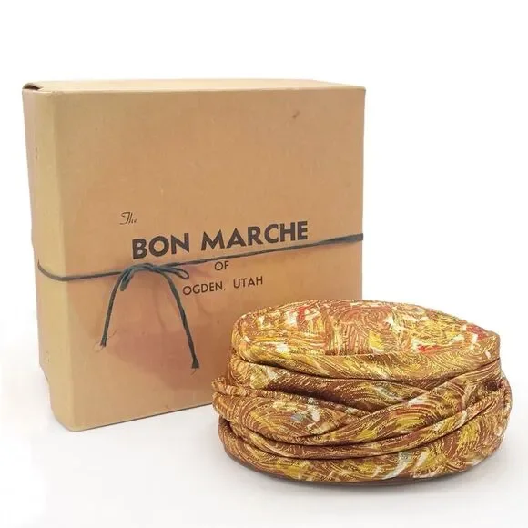 Vintage Valerie Modes Draped Turban Pillbox Hat – Metallic Gold & Bronze Brocade - Picture 15 of 16